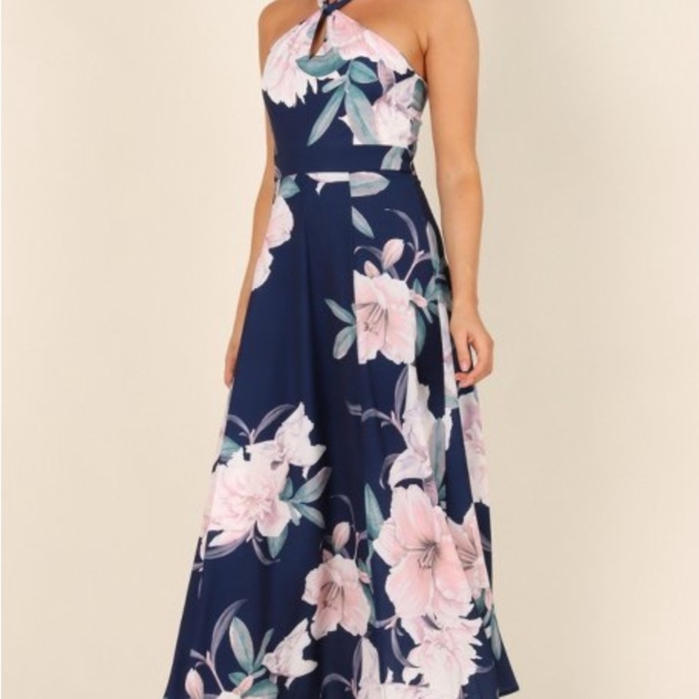 Floral Halter Maxi Dress - Navy and Pink